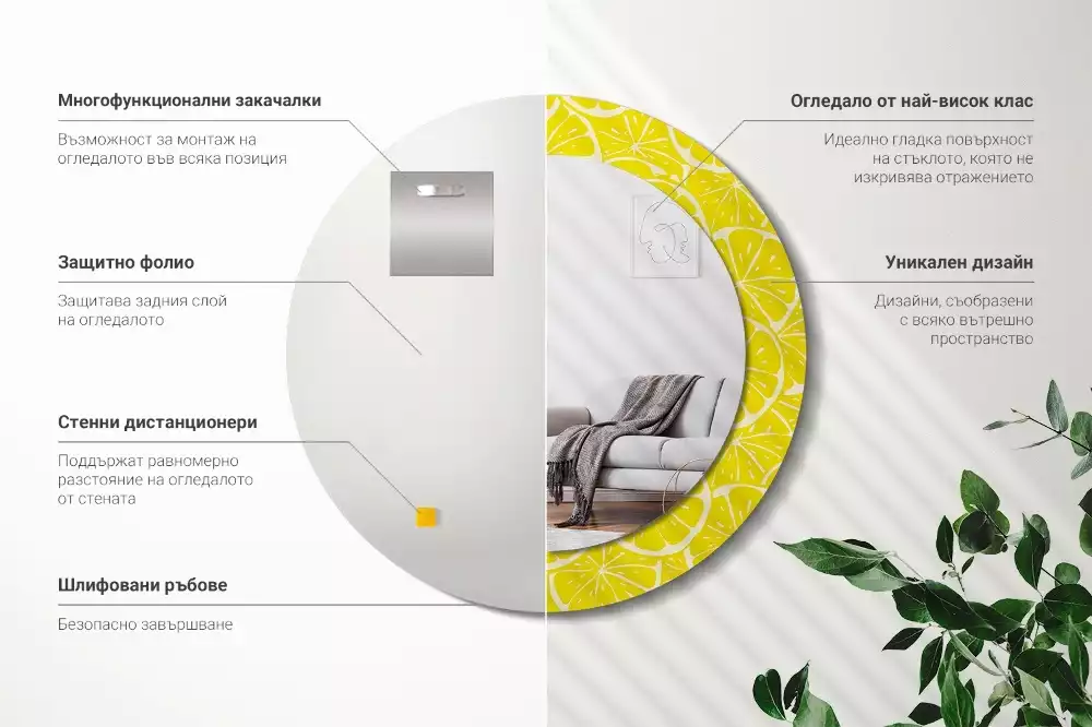 Miroir rond cadre avec impression Citrons