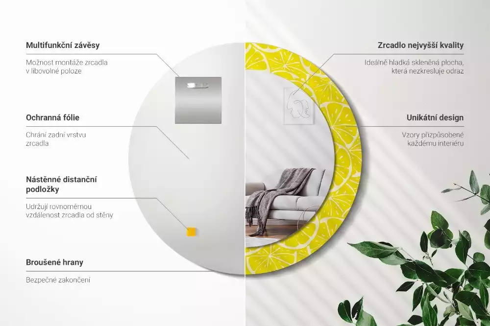 Miroir rond cadre avec impression Citrons