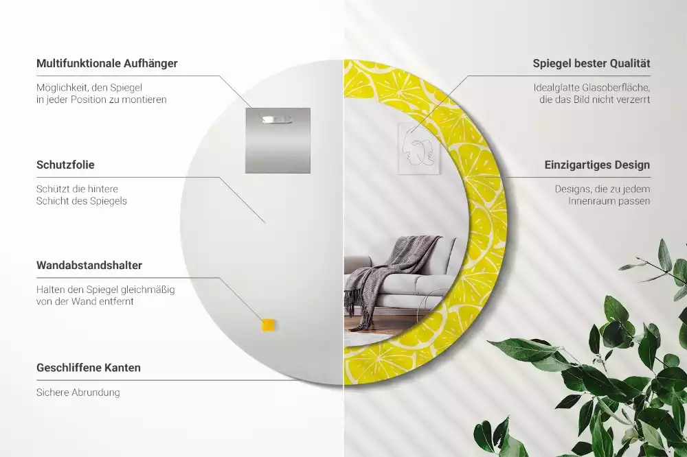 Miroir rond cadre avec impression Citrons