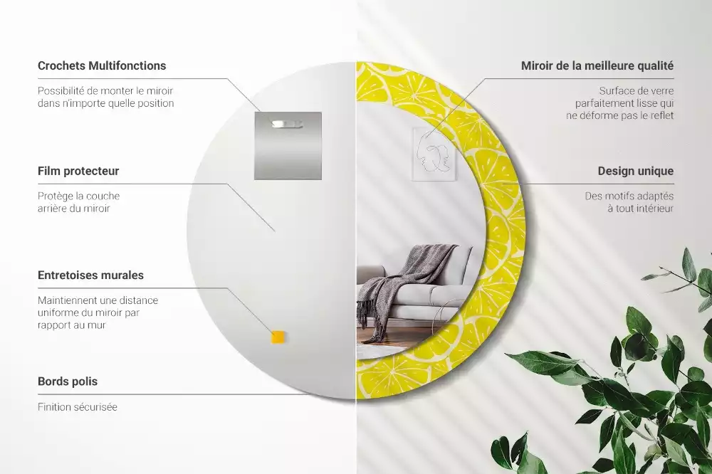 Miroir rond cadre avec impression Citrons