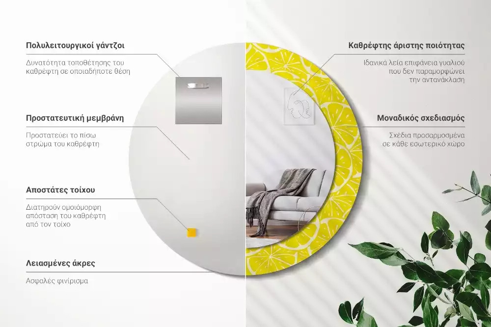 Miroir rond cadre avec impression Citrons