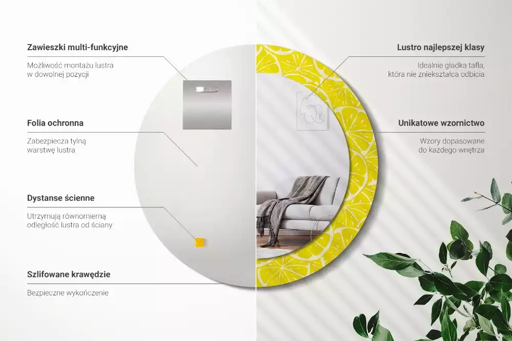 Miroir rond cadre avec impression Citrons