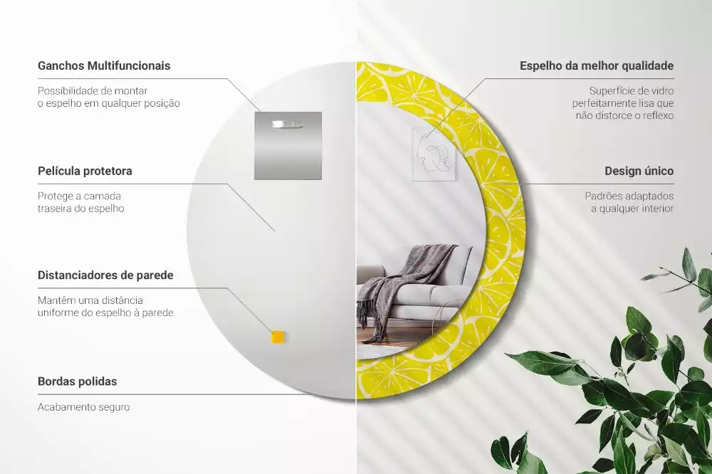 Miroir rond cadre avec impression Citrons