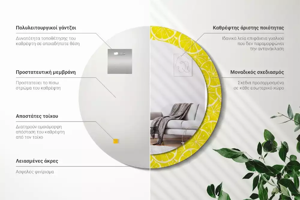 Miroir rond cadre avec impression Citrons