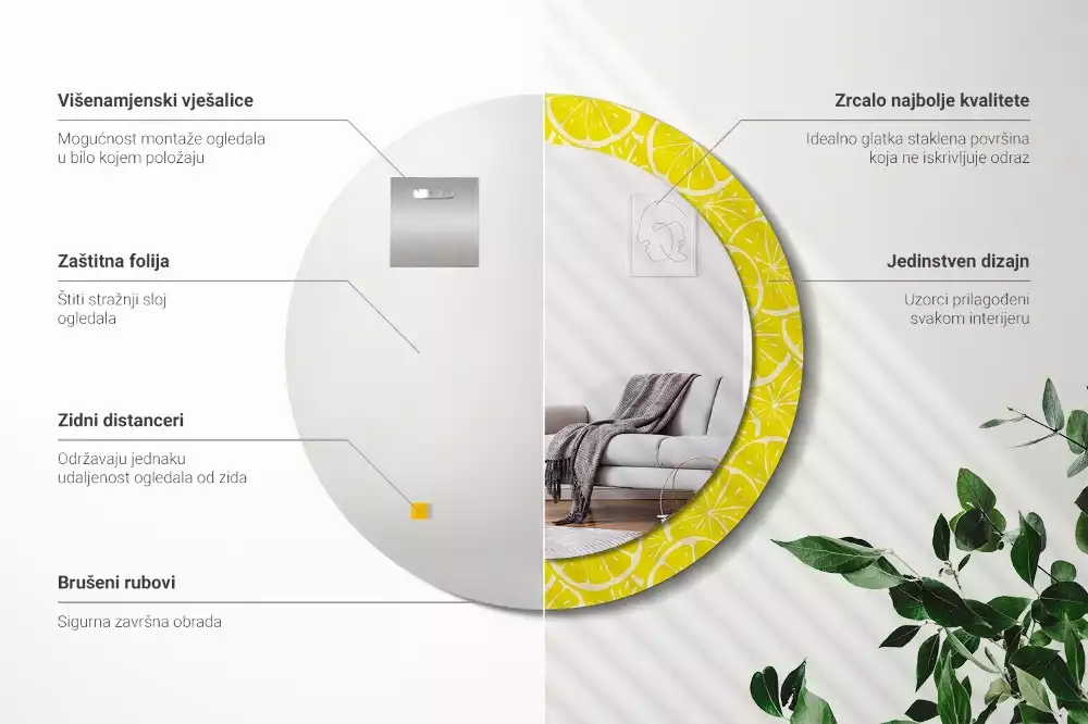 Miroir rond cadre avec impression Citrons