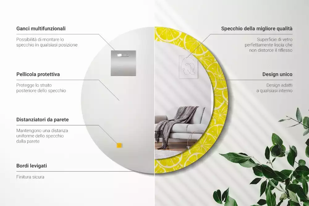 Miroir rond cadre avec impression Citrons