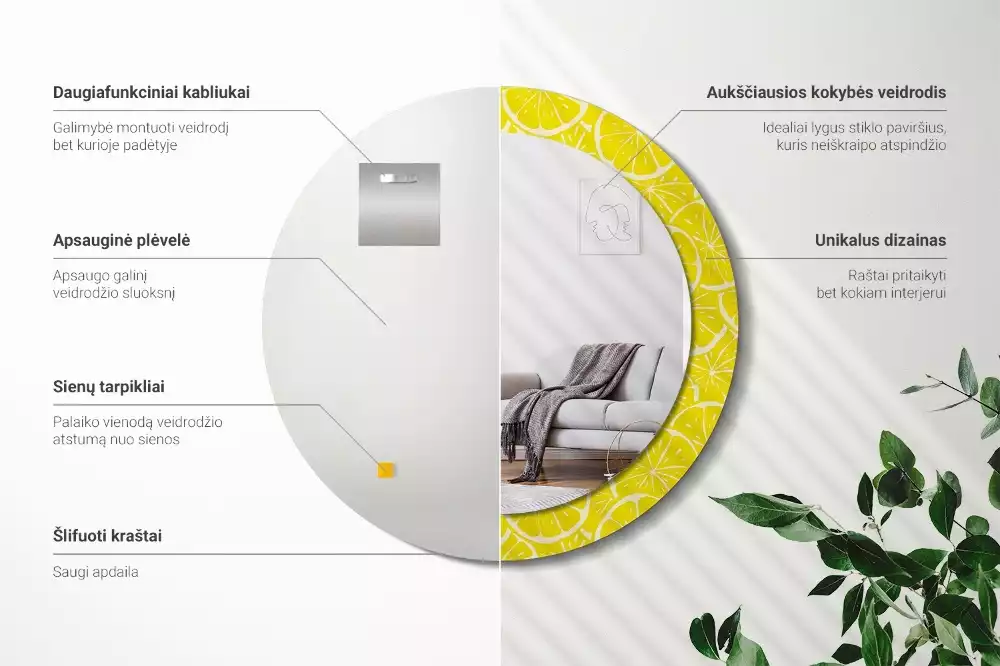 Miroir rond cadre avec impression Citrons