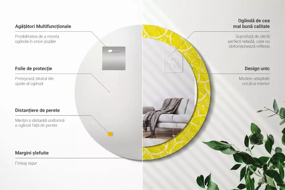 Miroir rond cadre avec impression Citrons