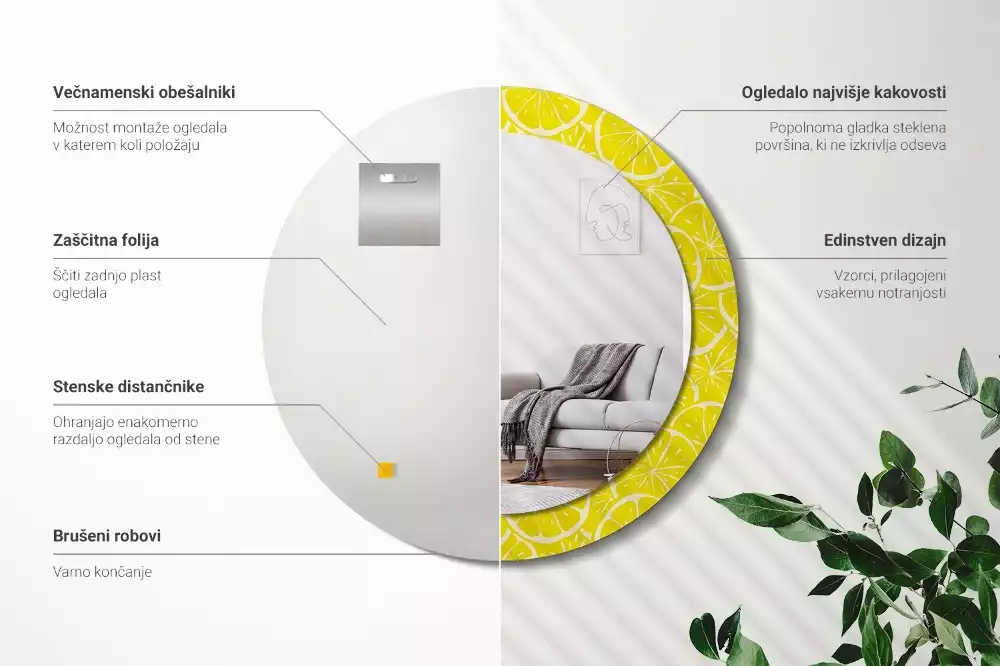 Miroir rond cadre avec impression Citrons