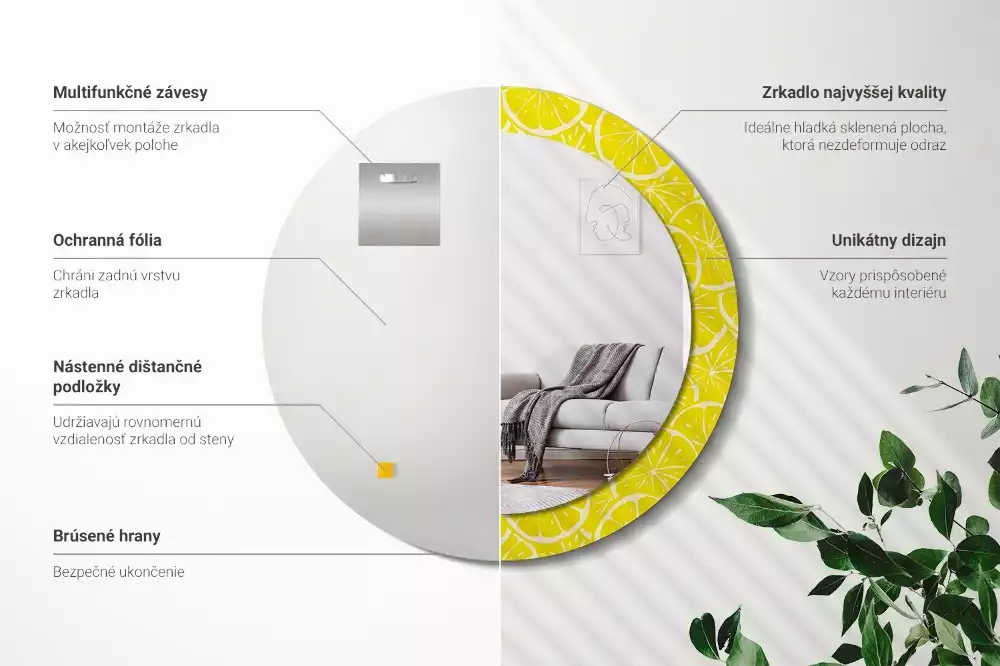 Miroir rond cadre avec impression Citrons