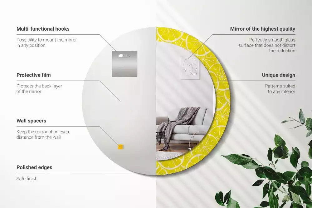 Miroir rond cadre avec impression Citrons