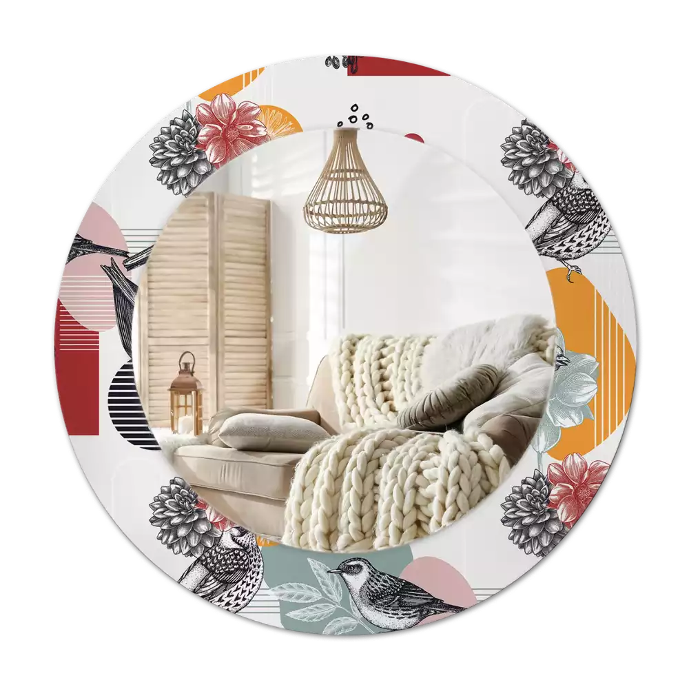 Miroir rond cadre avec impression Oiseaux vintage