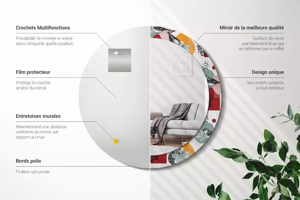 Miroir rond cadre avec impression Oiseaux vintage