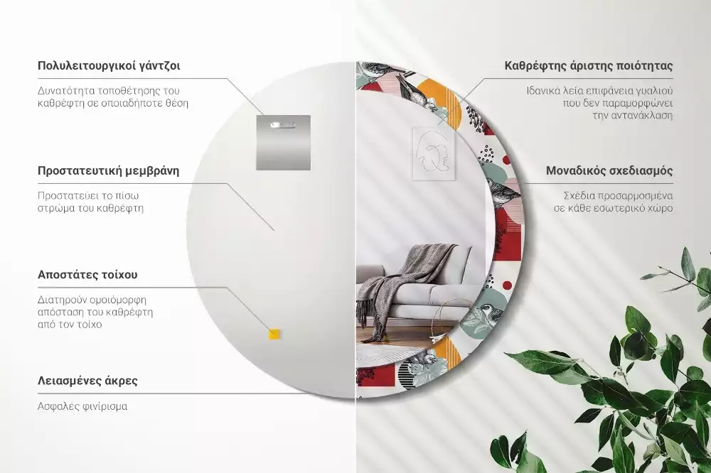 Miroir rond cadre avec impression Oiseaux vintage