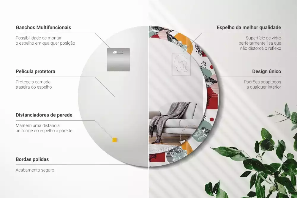 Miroir rond cadre avec impression Oiseaux vintage