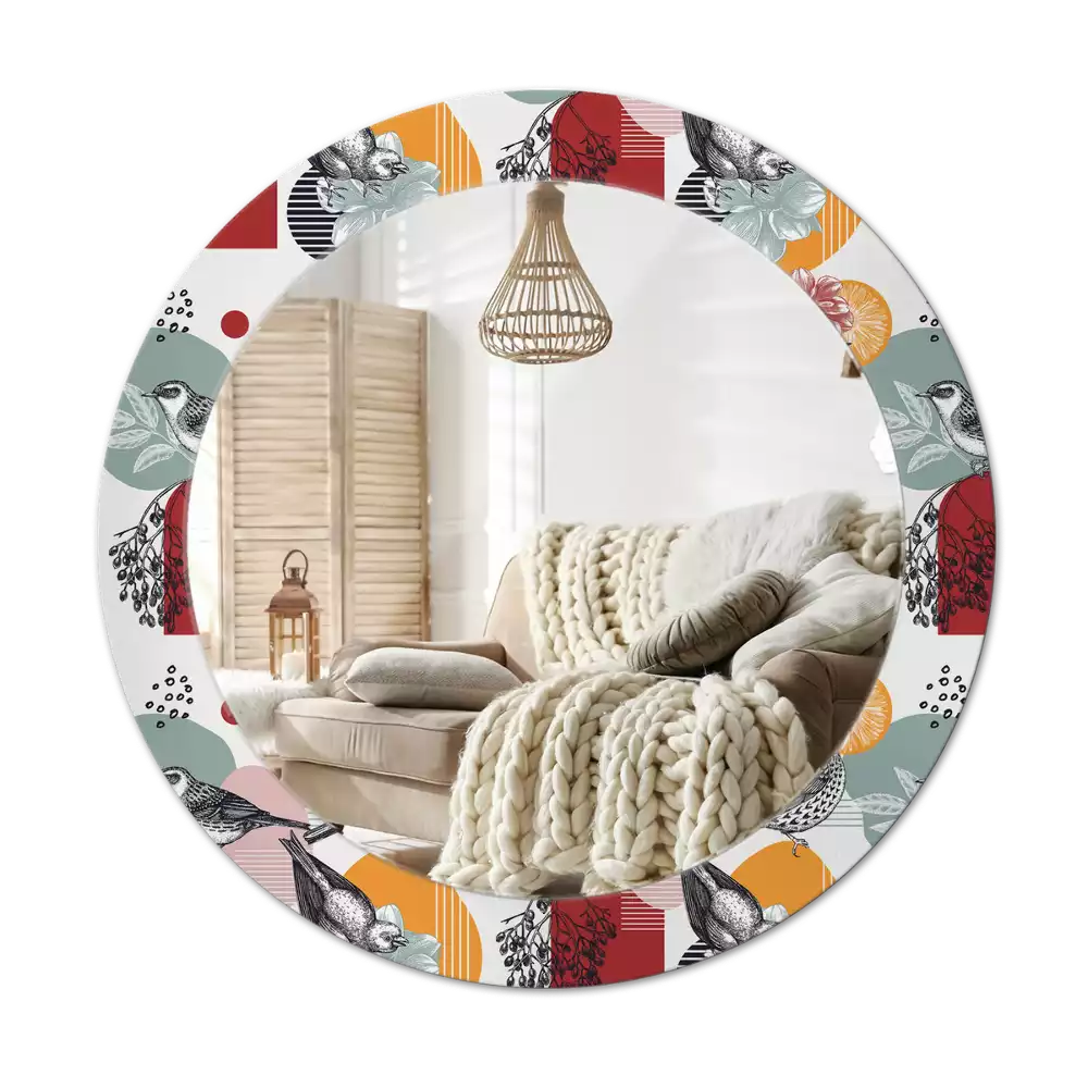 Miroir rond cadre avec impression Oiseaux vintage
