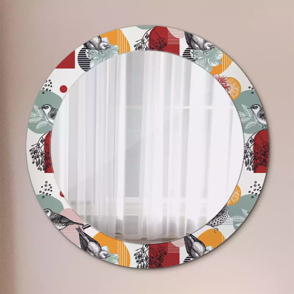 Miroir rond cadre avec impression Oiseaux vintage