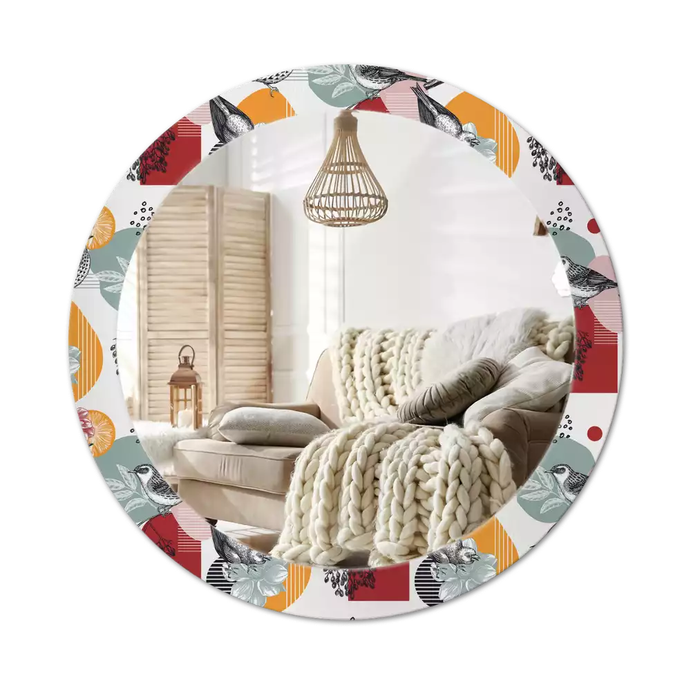 Miroir rond cadre avec impression Oiseaux vintage