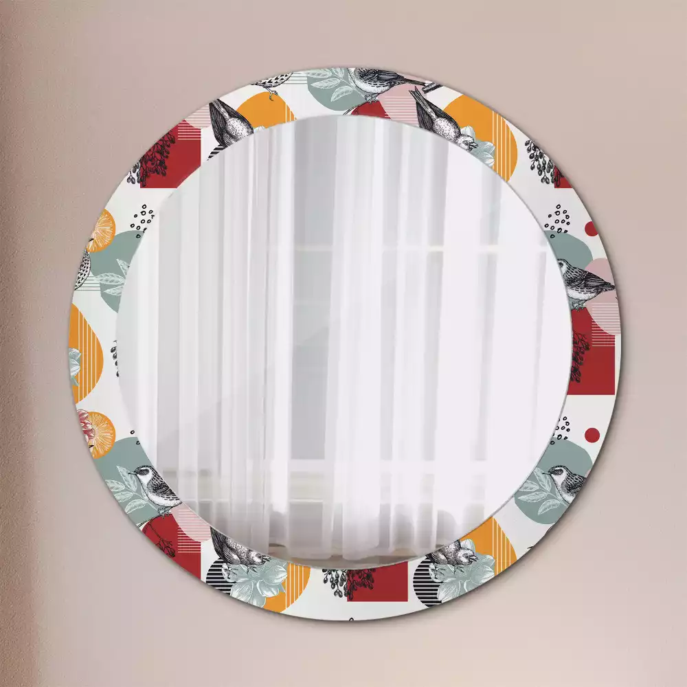 Miroir rond cadre avec impression Oiseaux vintage