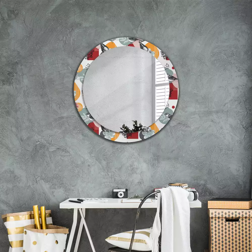 Miroir rond cadre avec impression Oiseaux vintage
