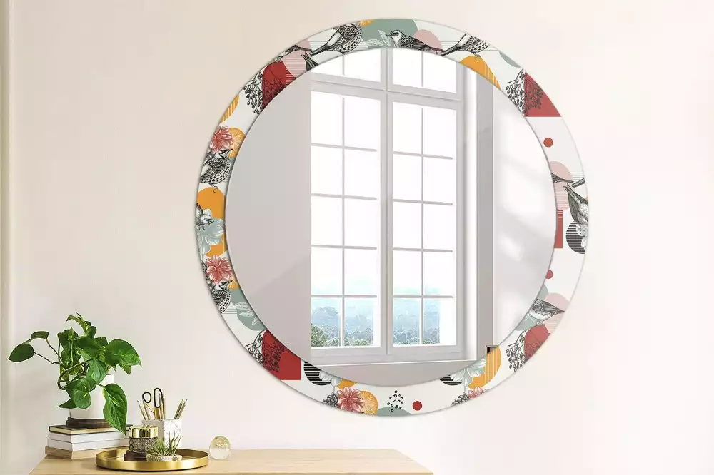 Miroir rond cadre avec impression Oiseaux vintage
