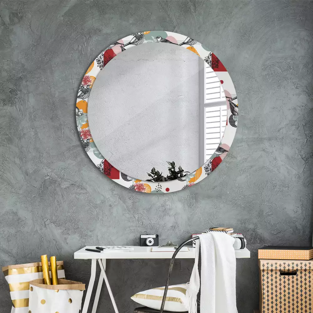 Miroir rond cadre avec impression Oiseaux vintage