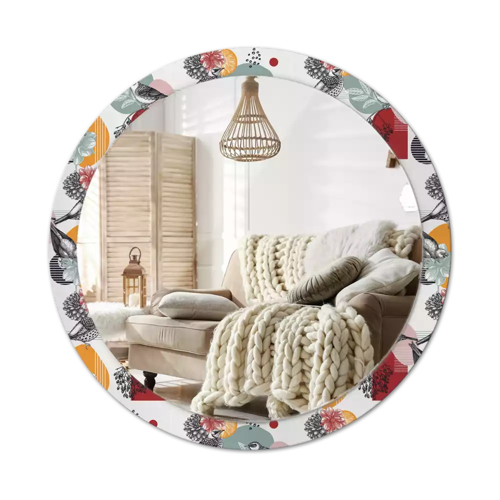 Miroir rond cadre avec impression Oiseaux vintage
