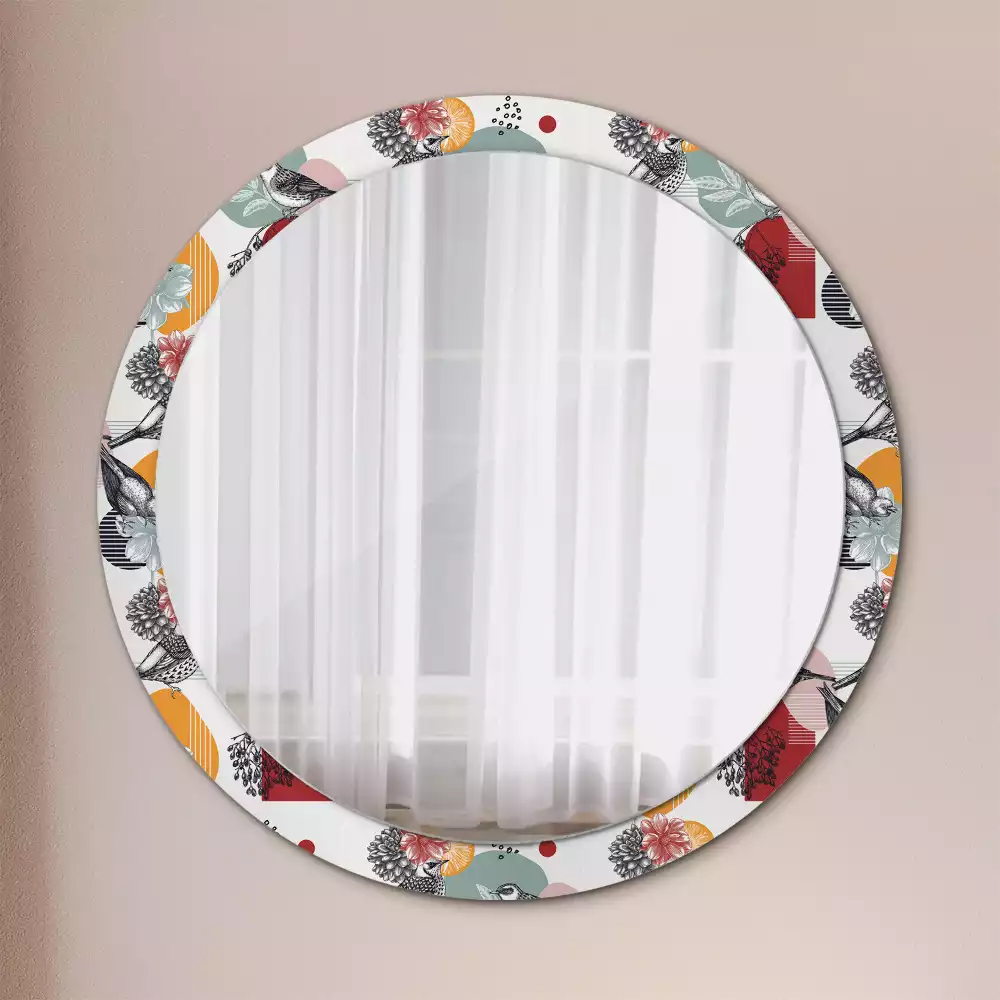 Miroir rond cadre avec impression Oiseaux vintage