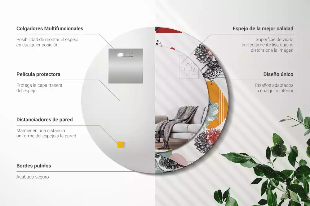 Miroir rond cadre avec impression Oiseaux vintage