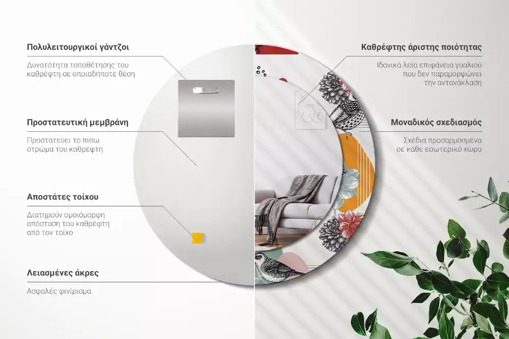 Miroir rond cadre avec impression Oiseaux vintage