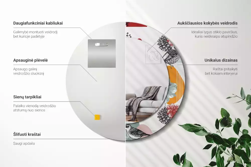 Miroir rond cadre avec impression Oiseaux vintage