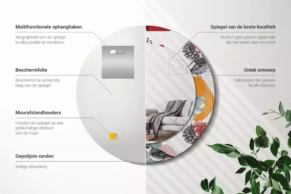 Miroir rond cadre avec impression Oiseaux vintage