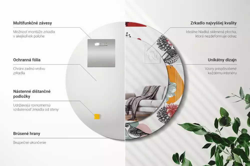 Miroir rond cadre avec impression Oiseaux vintage