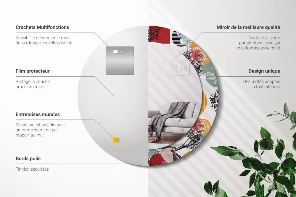 Miroir rond cadre avec impression Oiseaux vintage