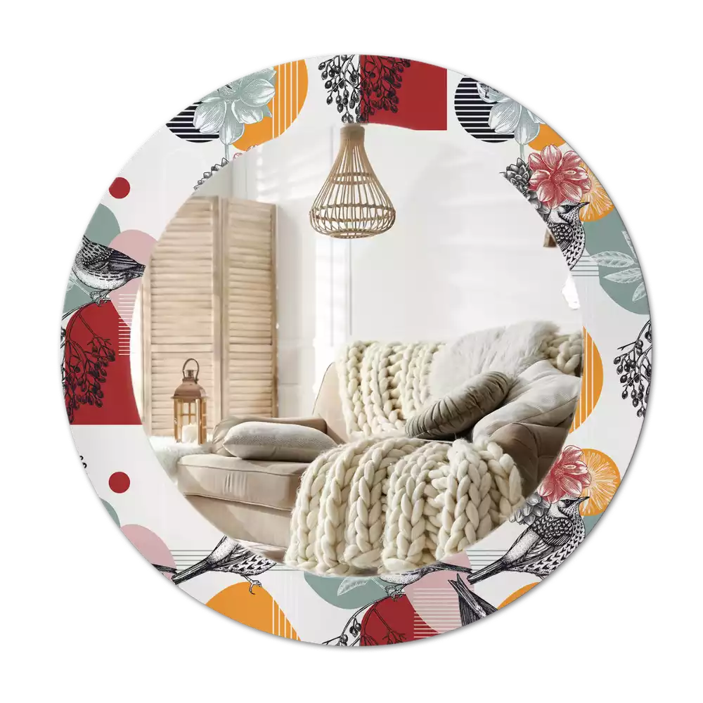 Miroir rond cadre avec impression Oiseaux vintage