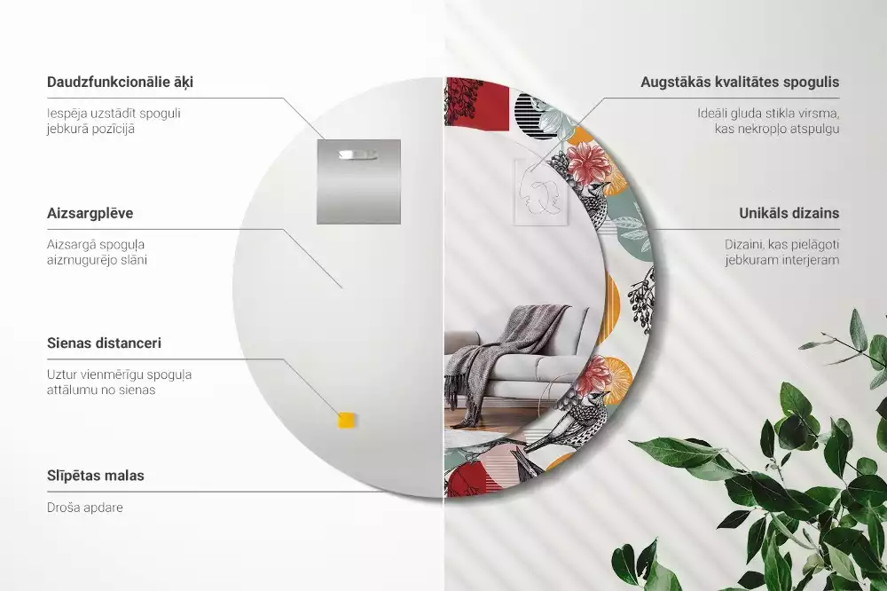 Miroir rond cadre avec impression Oiseaux vintage