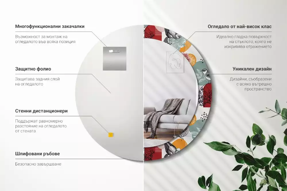 Miroir rond cadre avec impression Oiseaux vintage