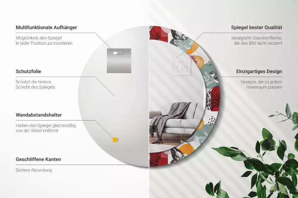 Miroir rond cadre avec impression Oiseaux vintage