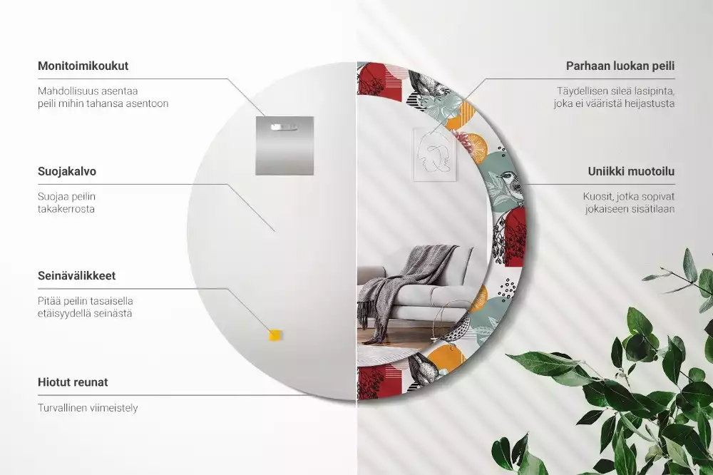 Miroir rond cadre avec impression Oiseaux vintage