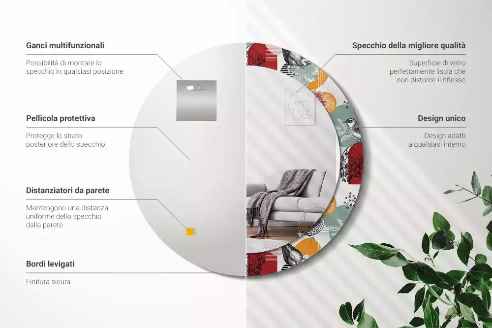 Miroir rond cadre avec impression Oiseaux vintage