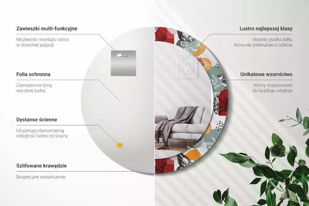 Miroir rond cadre avec impression Oiseaux vintage