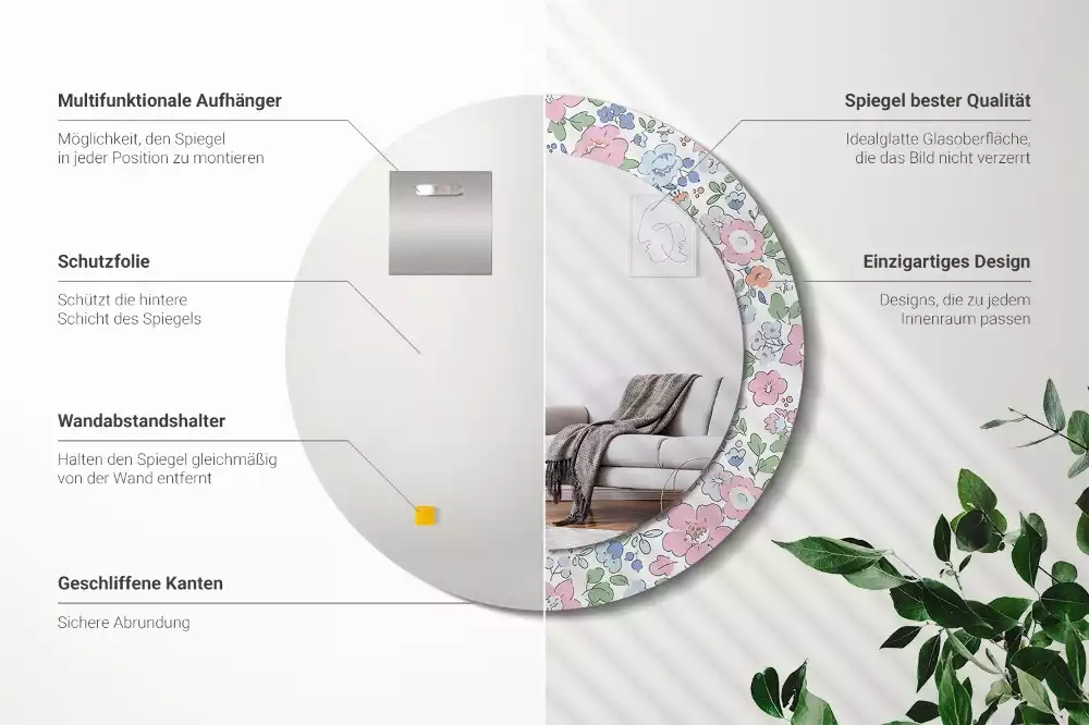 Miroir rond imprimé Petites fleurs colorées