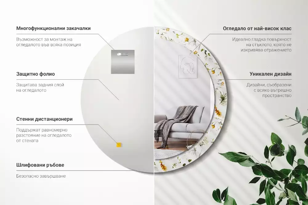 Miroir rond avec décoration Fleurs des champs