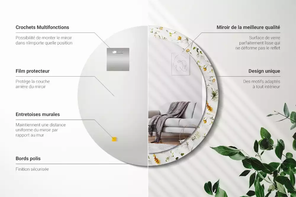 Miroir rond avec décoration Fleurs des champs