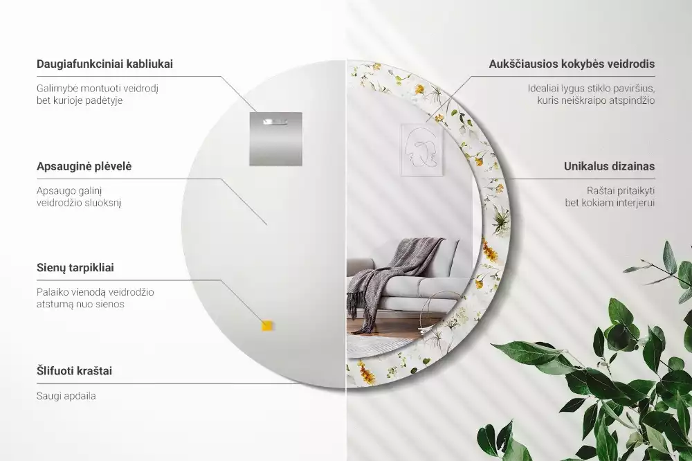 Miroir rond avec décoration Fleurs des champs