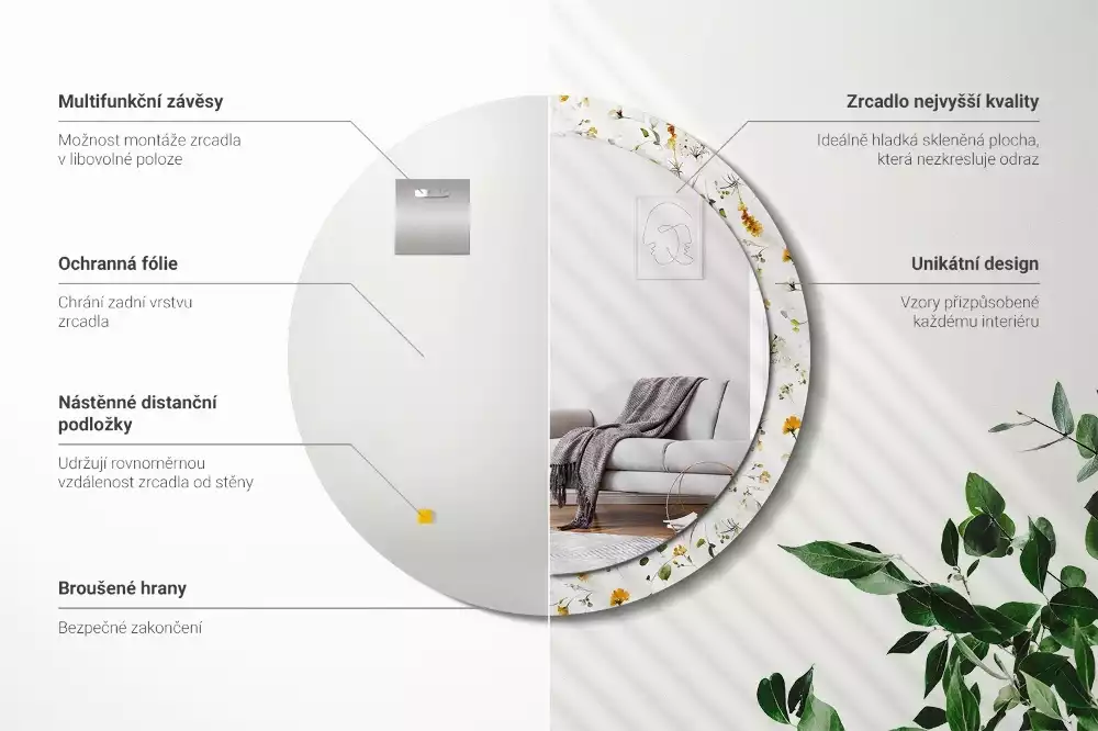 Miroir rond avec décoration Fleurs des champs