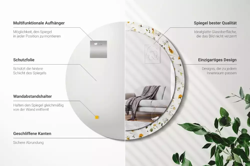 Miroir rond avec décoration Fleurs des champs