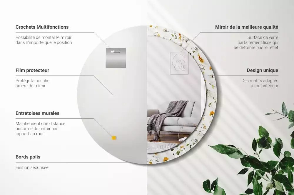 Miroir rond avec décoration Fleurs des champs