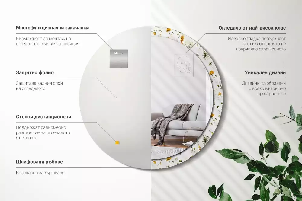 Miroir rond avec décoration Fleurs des champs