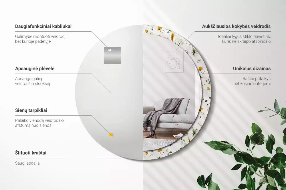 Miroir rond avec décoration Fleurs des champs